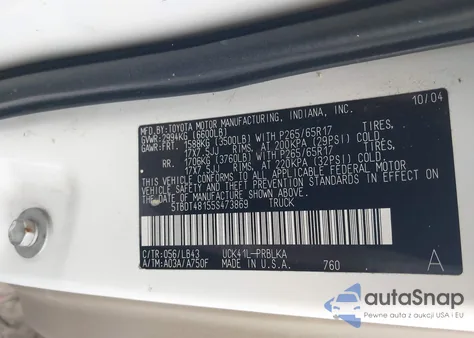 2005 Toyota Tundra Limited V8 z USA, uszkodzony, nr VIN 5TBDT48155S473869